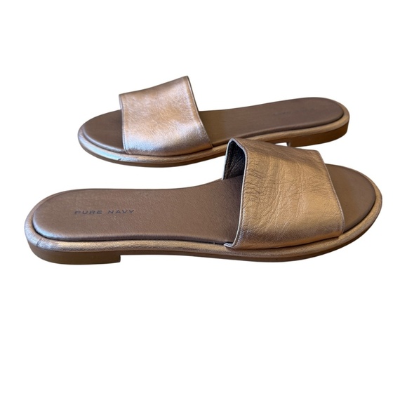 2 PR PURE NAVY LEATHER SLIDE SANDALS ROSE GOLD & SILVER LOW HEEL SUMMER CHIC 8.5 - Picture 3 of 11